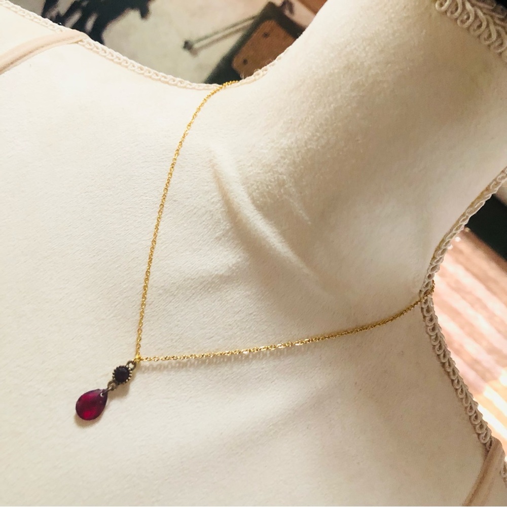 Handcrafted vintage faceted red glass dangle pendant on chain necklace